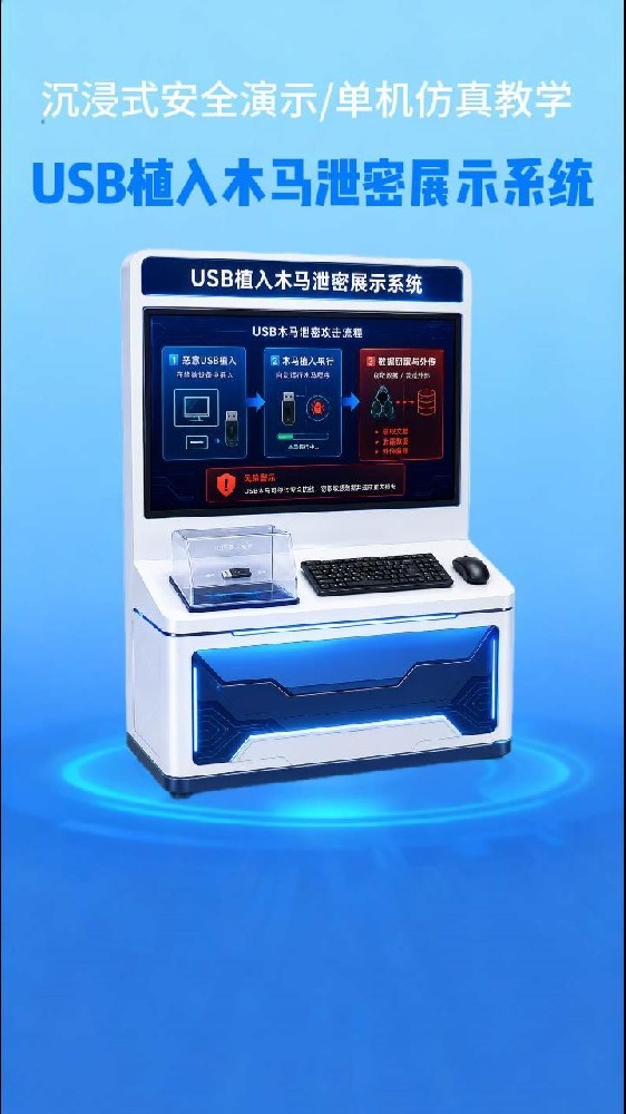 USB木马泄密展示系统——面向国家安全教育、保密教育、网络安全培训场景的沉浸式互动设备。通过一体化展示终端和USB接入演示模块，真实模拟“外接设备接入→风险识别→木马植入→数据泄密”完整过程。全程本地仿真动画运行，不联网、无病毒、零风险，所有攻击过程均为预设案例演示。让参观者在沉浸式交互中直观认知USB设备风险，将枯燥的安全知识转化为深刻记忆，单机离线运行，适合展厅长期稳定使用。